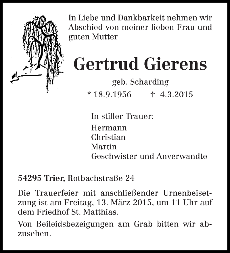  Traueranzeige für Gertrud Gierens vom 09.03.2015 aus trierischer_volksfreund