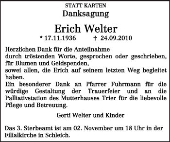 Traueranzeige von Erich Welter von TRIERISCHER VOLKSFREUND