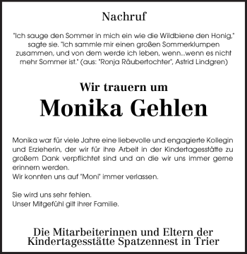 Traueranzeige von Monika Gehlen von TRIERISCHER VOLKSFREUND
