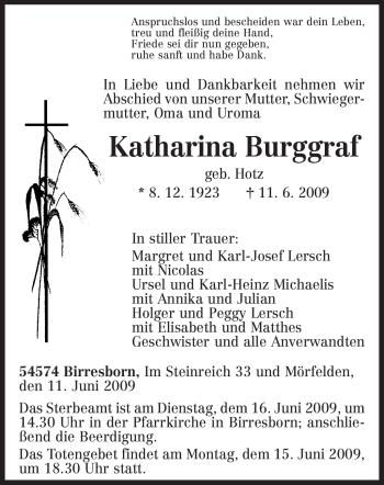 Traueranzeige von Katharina Burggraf von TRIERISCHER VOLKSFREUND