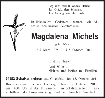 Traueranzeige von Magdalena Michels von TRIERISCHER VOLKSFREUND