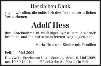Traueranzeige von Adolf Hess von TRIERISCHER VOLKSFREUND