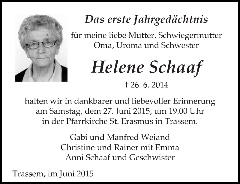  Traueranzeige für Helene Schaaf vom 20.06.2015 aus trierischer_volksfreund