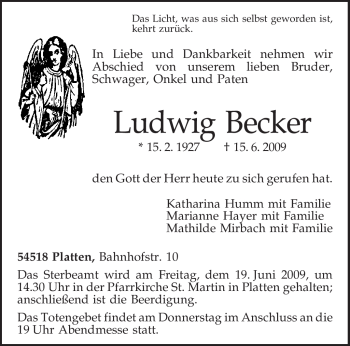 Traueranzeige von Ludwig Becker von TRIERISCHER VOLKSFREUND