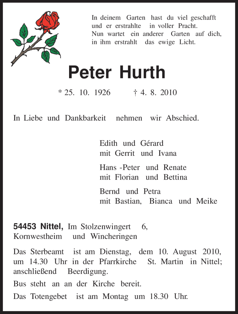  Traueranzeige für Peter Hurth vom 07.08.2010 aus TRIERISCHER VOLKSFREUND