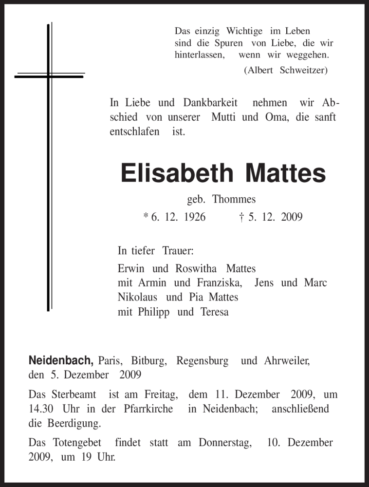  Traueranzeige für Elisabeth Mattes vom 09.12.2009 aus TRIERISCHER VOLKSFREUND