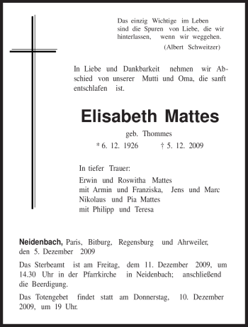 Traueranzeige von Elisabeth Mattes von TRIERISCHER VOLKSFREUND