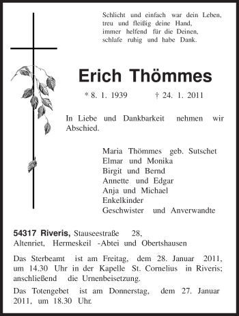 Traueranzeige von Erich Thömmes von TRIERISCHER VOLKSFREUND