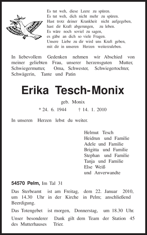  Traueranzeige für Erika Tesch-Monix vom 20.01.2010 aus TRIERISCHER VOLKSFREUND