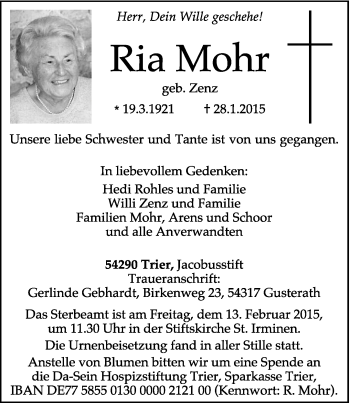 Traueranzeige von Ria Mohr von trierischer_volksfreund