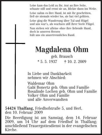 Traueranzeige von Magdalena Ohm von TRIERISCHER VOLKSFREUND