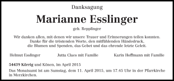 Traueranzeige von Marianne Esslinger von trierischer_volksfreund