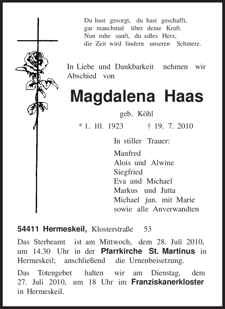  Traueranzeige für Magdalena Haas vom 22.07.2010 aus TRIERISCHER VOLKSFREUND