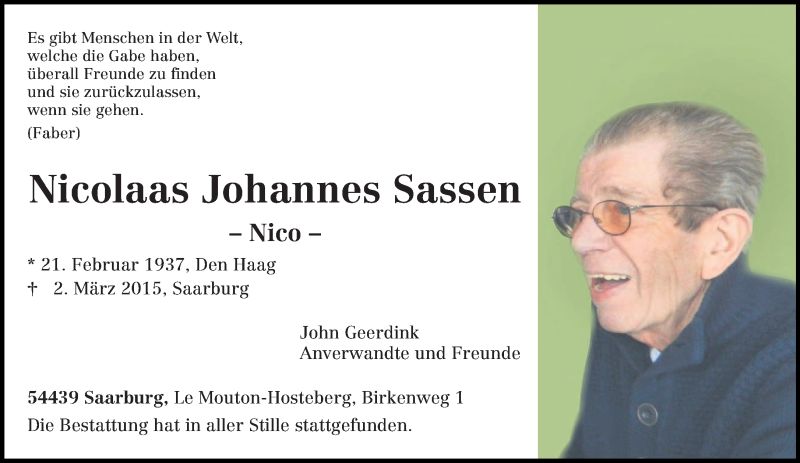  Traueranzeige für Nicolaas Johannes Sassen vom 07.03.2015 aus trierischer_volksfreund