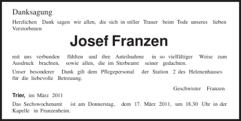Traueranzeige von Josef Franzen von TRIERISCHER VOLKSFREUND