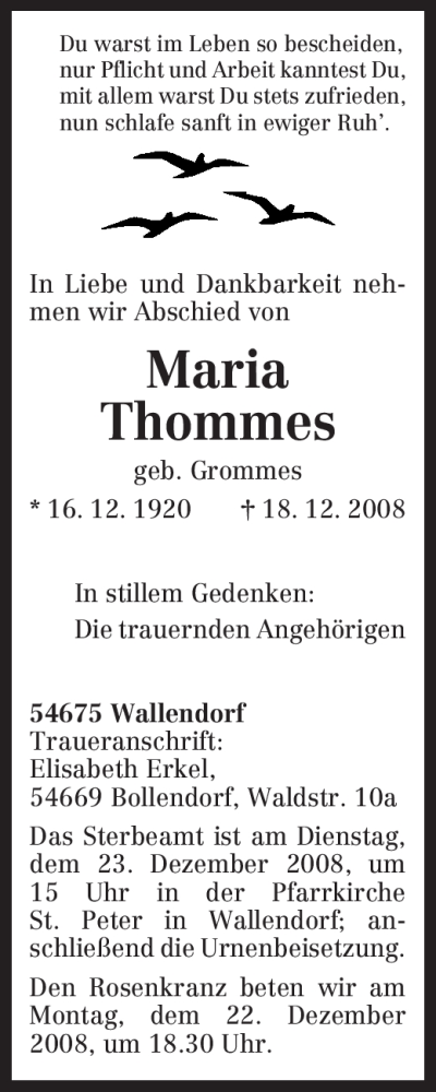  Traueranzeige für Maria Thommes vom 20.12.2008 aus TRIERISCHER VOLKSFREUND