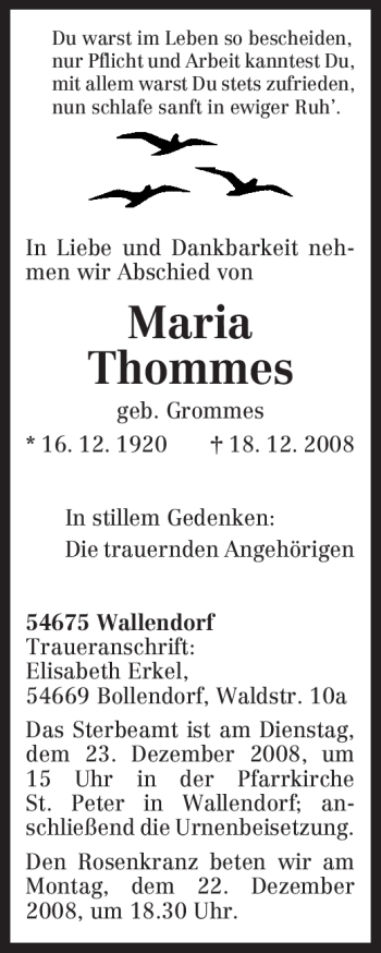 Traueranzeige von Maria Thommes von TRIERISCHER VOLKSFREUND