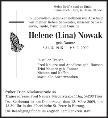 Traueranzeige von Helene Nowak von TRIERISCHER VOLKSFREUND