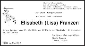 Traueranzeige von Elisabeth Franzen von TRIERISCHER VOLKSFREUND