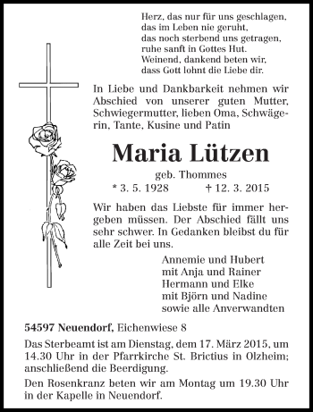 Traueranzeige von Maria Lützen von trierischer_volksfreund
