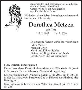 Traueranzeige von Dorothea Metzen von TRIERISCHER VOLKSFREUND