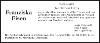 Traueranzeige von Franziska Eisen von TRIERISCHER VOLKSFREUND