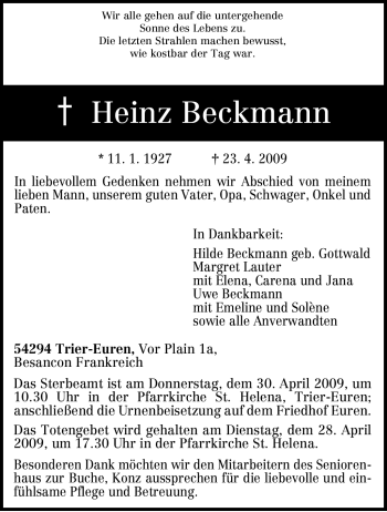 Traueranzeige von Heinz Beckmann von TRIERISCHER VOLKSFREUND