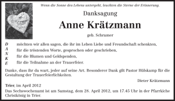 Traueranzeige von Anne Krätzmann von TRIERISCHER VOLKSFREUND