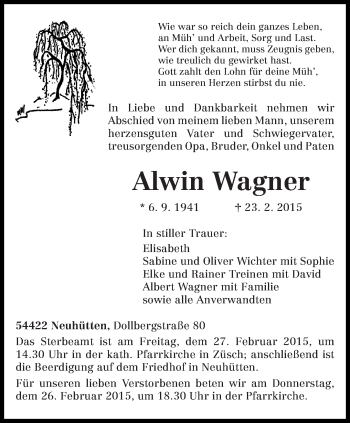 Traueranzeige von Alwin Wagner von trierischer_volksfreund