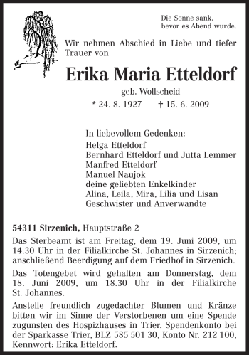 Traueranzeige von Erika Maria Etteldorf von TRIERISCHER VOLKSFREUND