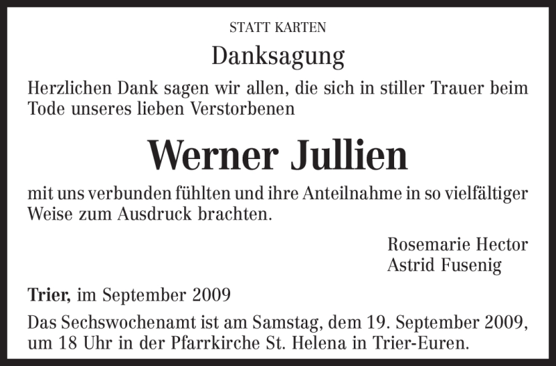  Traueranzeige für Werner Jullien vom 12.09.2009 aus TRIERISCHER VOLKSFREUND