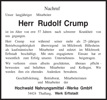 Traueranzeige von Rudolf Crump von TRIERISCHER VOLKSFREUND
