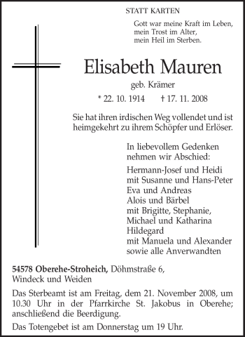 Traueranzeige von Elisabeth Mauren von TRIERISCHER VOLKSFREUND
