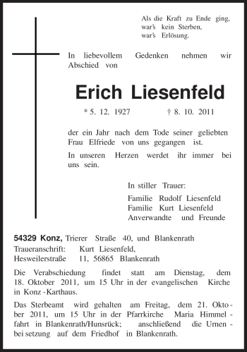 Traueranzeige von Erich Liesenfeld von TRIERISCHER VOLKSFREUND