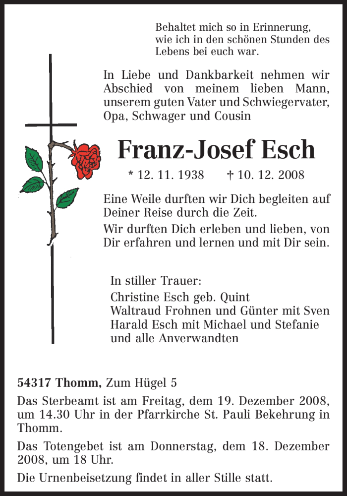  Traueranzeige für Franz-Josef Esch vom 16.12.2008 aus TRIERISCHER VOLKSFREUND