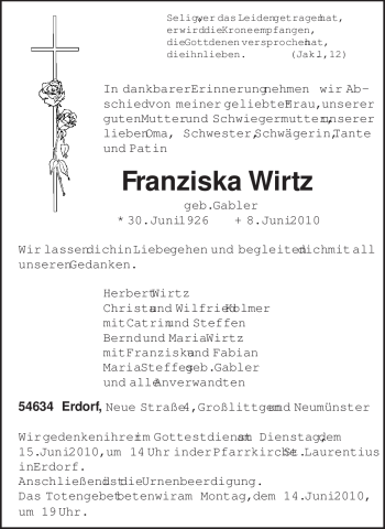 Traueranzeige von Franziska Wirtz von TRIERISCHER VOLKSFREUND