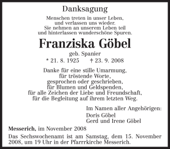 Traueranzeige von Franziska Göbel von TRIERISCHER VOLKSFREUND