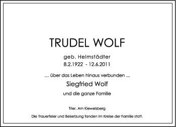 Traueranzeige von Trudel Wolf von TRIERISCHER VOLKSFREUND