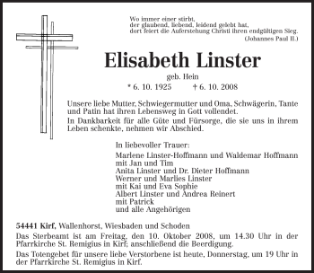 Traueranzeige von Elisabeth Linster von TRIERISCHER VOLKSFREUND