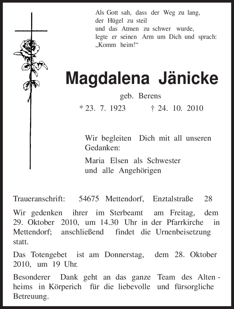  Traueranzeige für Magdalena Jänicke vom 27.10.2010 aus TRIERISCHER VOLKSFREUND