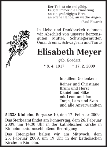 Traueranzeige von Elisabeth Meyer von TRIERISCHER VOLKSFREUND