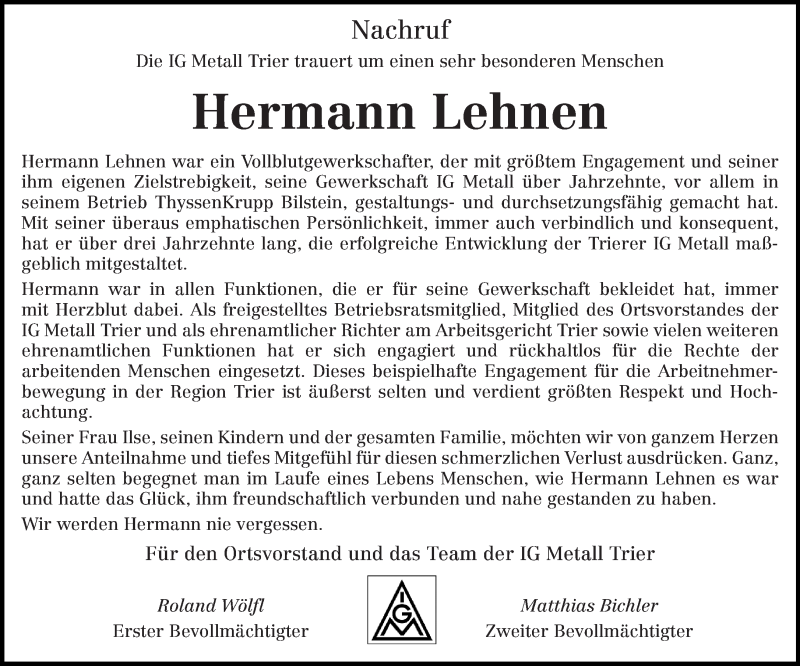  Traueranzeige für Hermann Lehnen vom 24.01.2015 aus trierischer_volksfreund