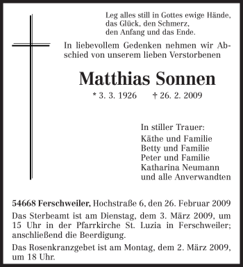Traueranzeige von Matthias Sonnen von TRIERISCHER VOLKSFREUND