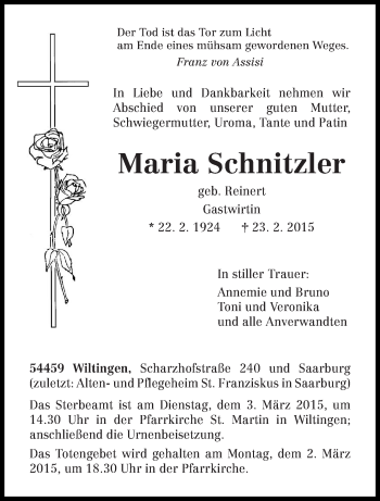 Traueranzeige von Maria Schnitzler von trierischer_volksfreund