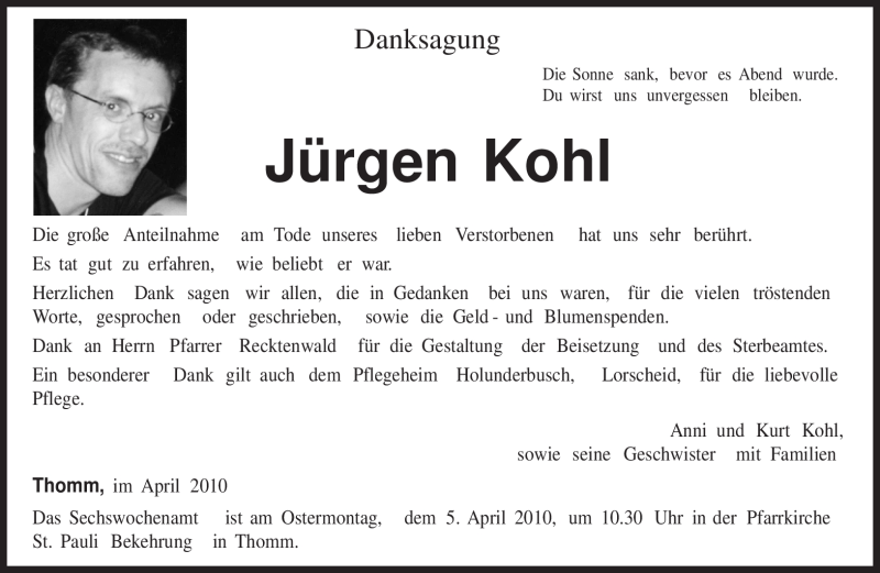  Traueranzeige für Jürgen Kohl vom 01.04.2010 aus TRIERISCHER VOLKSFREUND