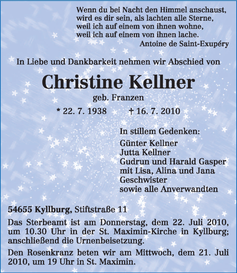  Traueranzeige für Christine Kellner vom 19.07.2010 aus TRIERISCHER VOLKSFREUND