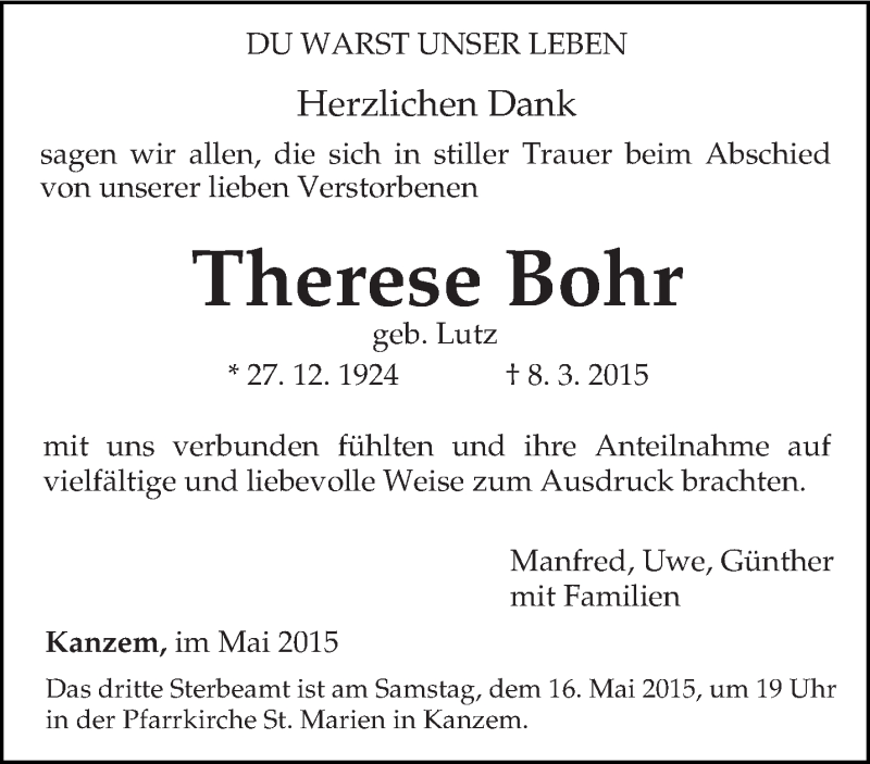  Traueranzeige für Therese Bohr vom 09.05.2015 aus trierischer_volksfreund