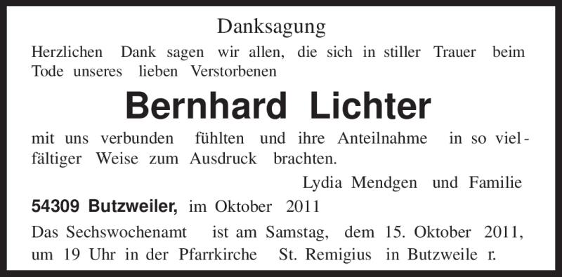 Traueranzeige für Bernhard Lichter vom 12.10.2011 aus TRIERISCHER VOLKSFREUND