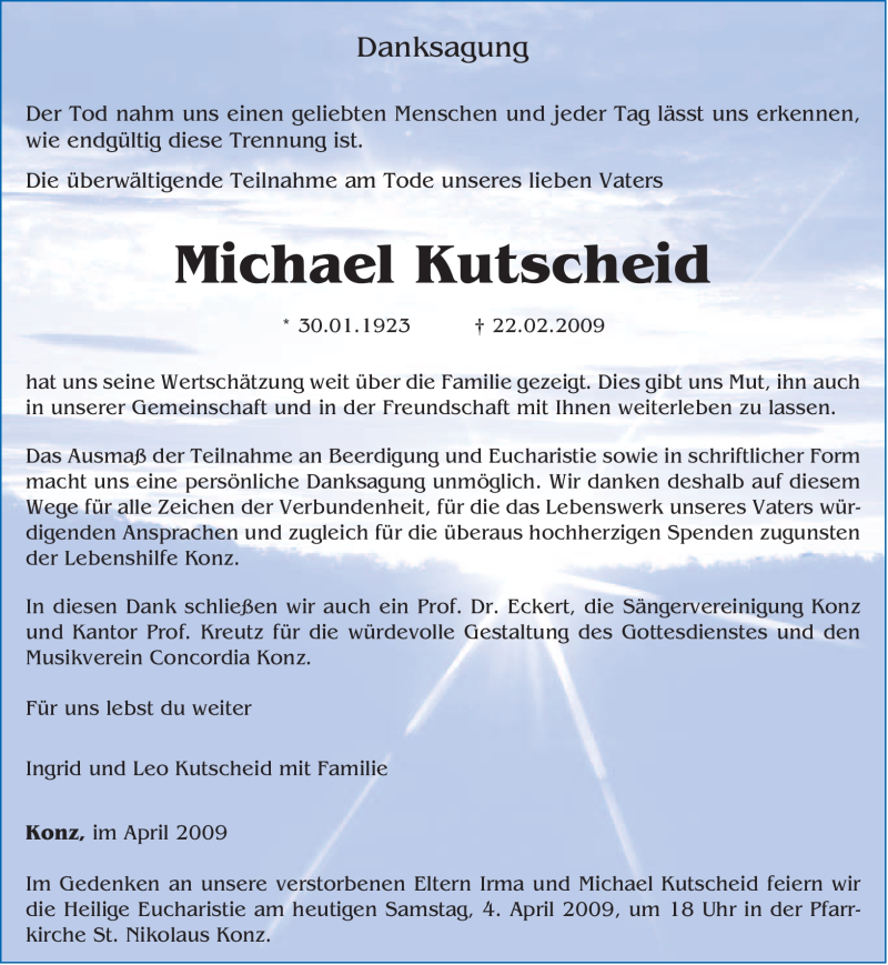  Traueranzeige für Michael Kutscheid vom 04.04.2009 aus TRIERISCHER VOLKSFREUND