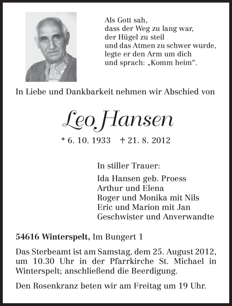  Traueranzeige für Leo Hansen vom 23.08.2012 aus TRIERISCHER VOLKSFREUND